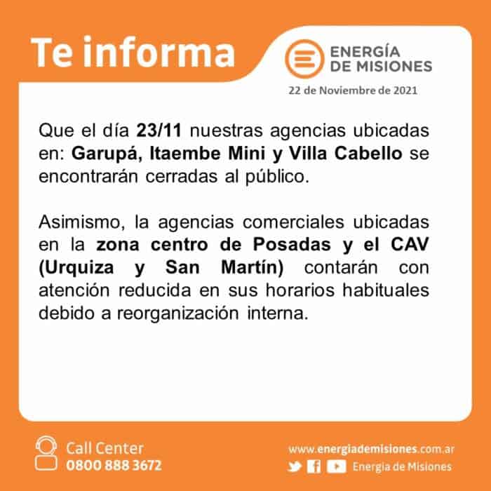Posadas y Garupá: este martes agencias de Energía de Misiones estarán cerradas al público 1 2 - COMUNICADO ENERGIA DE MISIONES - 1