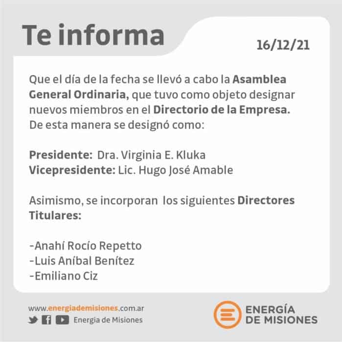 En Asamblea eligieron a Virginia Kluka como presidenta de Energía de Misiones 1 2 - comunicado - 1