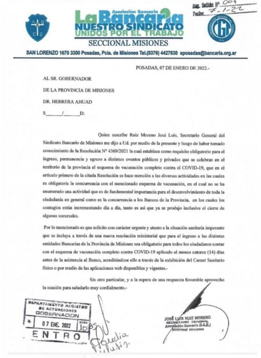 Bancarios de Misiones piden que se solicite el pase sanitario para ingresar a las sucursales 1 2 - Nota enviada - 1