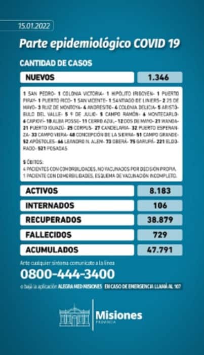 Salud Pública 1.346 nuevos casos positivos y cinco muertos por Covid-19 en Misiones 1 2 - Parte diario - 1