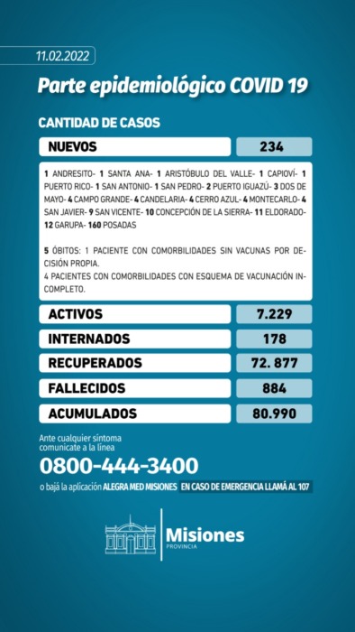 Cinco muertes y 234 nuevos casos de coronavirus en Misiones 1 2 - Parte 11 02 2022 - 1