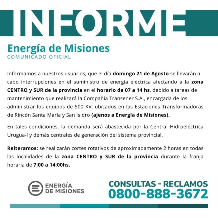 Este domingo habrá cortes de luz en las zonas Sur y Centro de Misiones por mantenimiento 1 2 - Este domingo habra cortes de 1 - 1