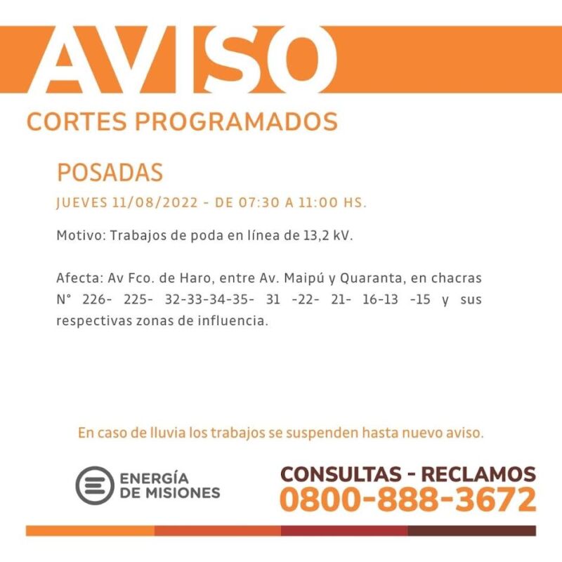 Este jueves, cortes de energía programados en varias chacras de Posadas 1 2 - Este juevescortes de energia - 1