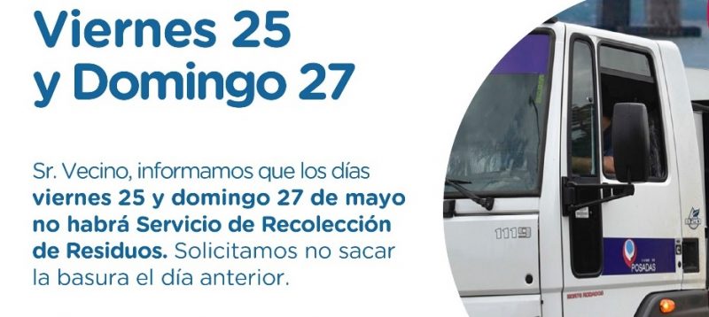 El viernes 25 y domingo 27 no habrá recolección de residuos