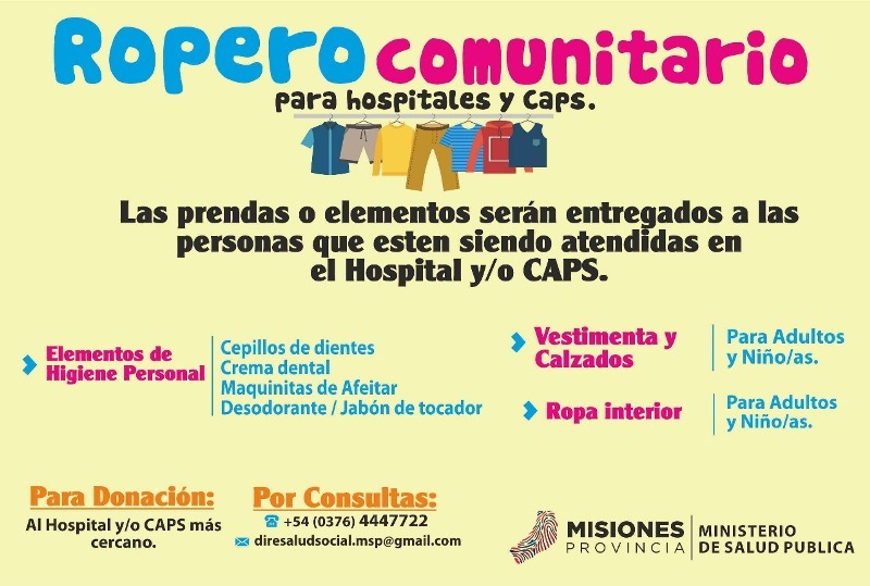 Convocan a la comunidad a realizar donaciones para roperos comunitarios de Hospitales y CAPS