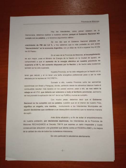 El documento firmado por los jefes comunales en rechazo a la medida tomada por Macri
