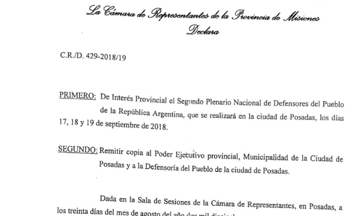 La Legislatura declaró de Interés Provincial el Plenario de Defensores del Pueblo que se realizará en Posadas