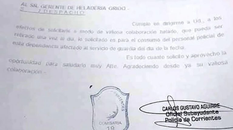 Corrientes: un policía solicitó que le regalen un kilo de helado por día