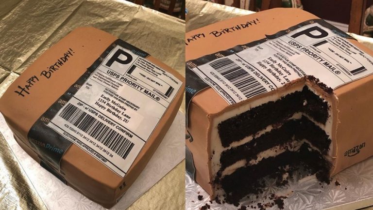 Le regalaron una peculiar torta de cumpleaños relacionada a su fanatismo a las compras online