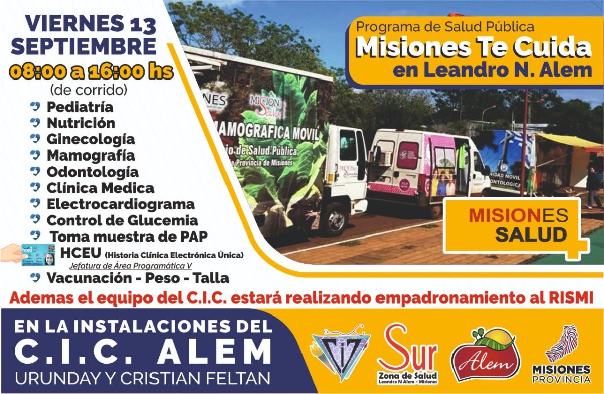 Este viernes "Misiones Te Cuida" y HCEU estarán en el CIC de Alem