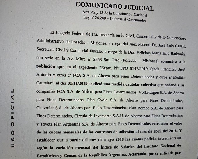 Planes autoahorro: juez federal de Posadas dictó una cautelar que retrotrae el valor de las cuotas a abril de 2018 2 4 - WhatsApp Image 2019 11 01 at 10.10.52 - 3