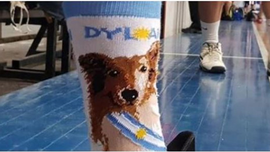 Un basquetbolista mostró sus medias con la cara de Dylan, el perro presidencial