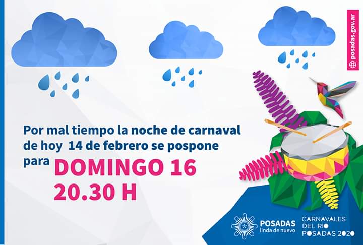 Por las lluvias, se suspende la primera noche de los Carnavales del Río Posadas 2020