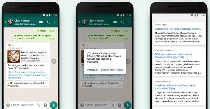 WhatsApp prueba búsquedas en Internet para evitar noticias falsas en los mensajes reenviados
