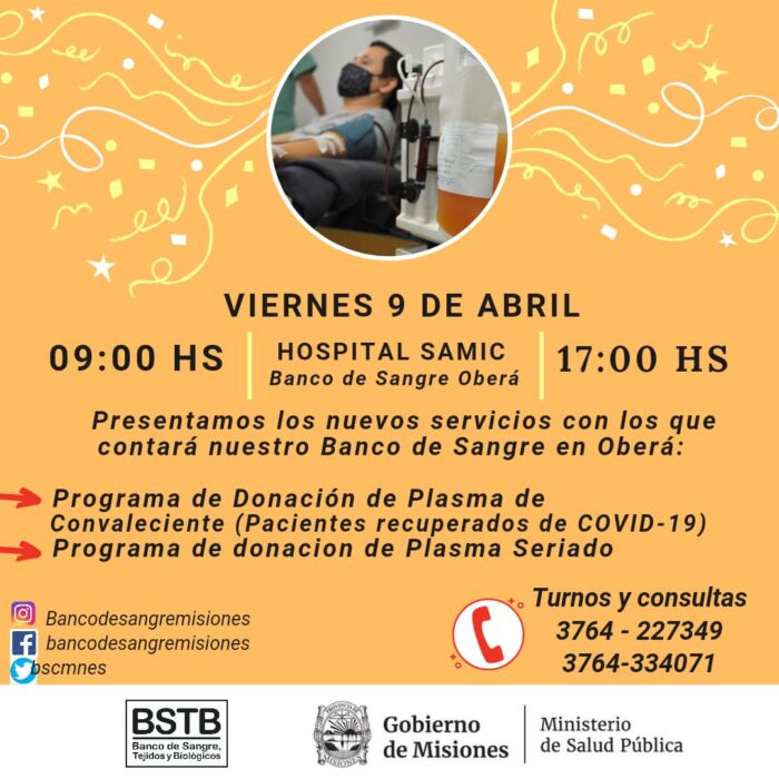 A partir de este viernes recuperados de Covid-19 podrán donar plasma en el Samic de Oberá 1 2 - plasma - 1