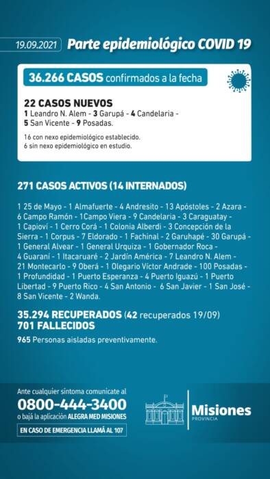 Confirmaron 22 nuevos casos positivos de Covid-19 en Misiones 1 2 - Parte diario domingo 1 - 1