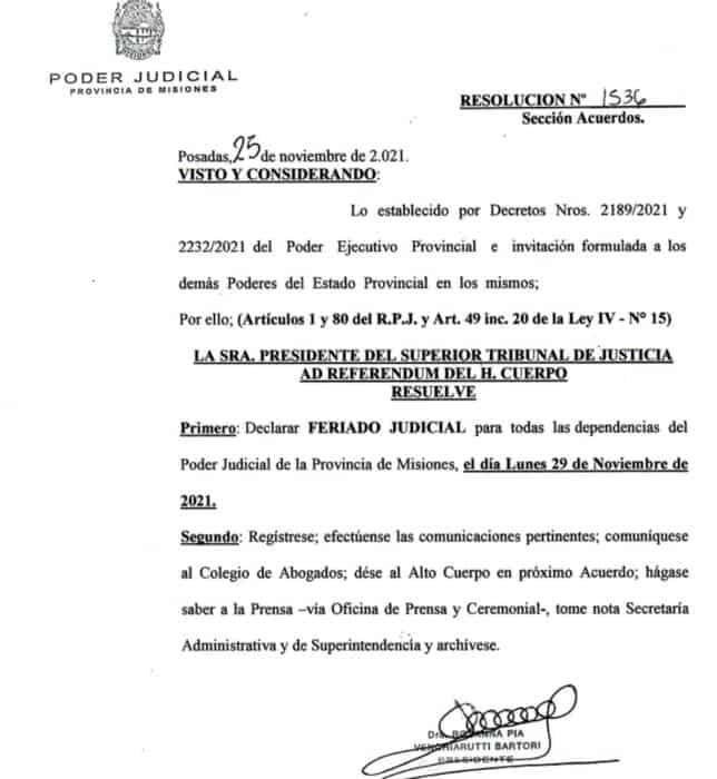 El próximo lunes será feriado judicial en Misiones