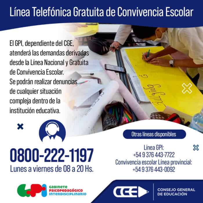El Consejo General de Educación habilitó una línea telefónica gratuita de “Convivencia Escolar”