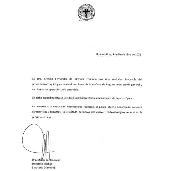 Nuevo parte de la salud de Cristina Kirchner: le extrajeron un pólipo benigno y se encuentra en buen estado