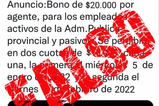 Es falso el tuit de un presunto bono de 20 mil pesos para estatales provinciales