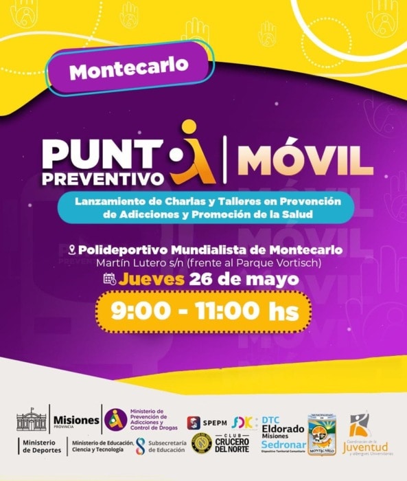 Este jueves, charlas y talleres en prevención de adicciones y promoción de la salud en Montecarlo 1 2 - 1 1 - 1