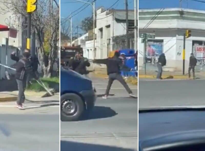 Increíble: pedía plata con muletas en un semáforo, pero se peleó con un hombre y salió corriendo