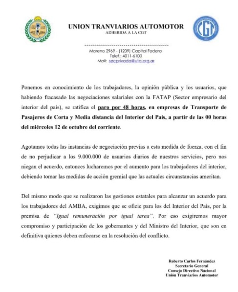 UTA ratifico el paro en 1 - 1
