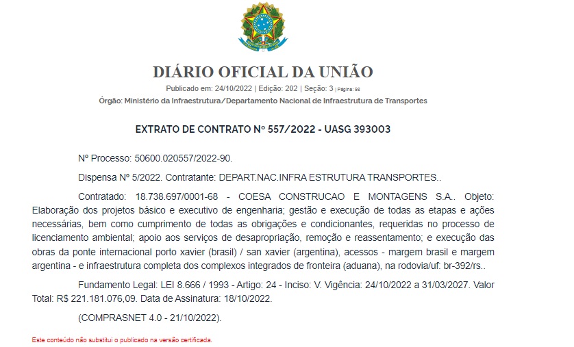 Se firmó el contrato para la construcción del puente San Javier-Porto Xavier