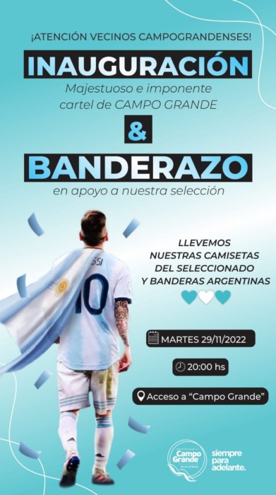 Campo Grande inaugura hoy su moderno cartel de ingreso con un banderazo en apoyo a la Selección Argentina