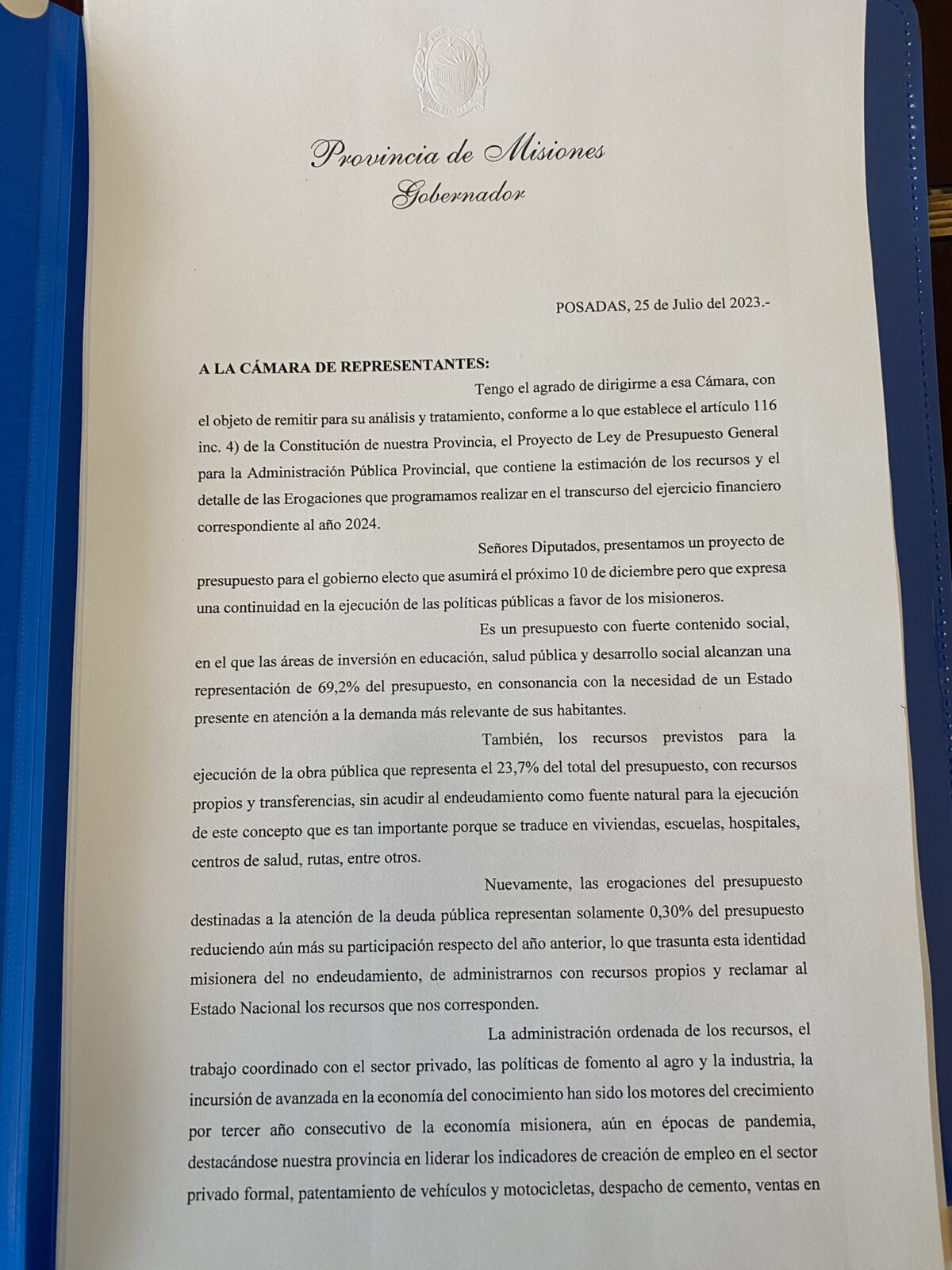 Herrera Ahuad envió a la Legislatura el Presupuesto 2024 con el foco en lo social