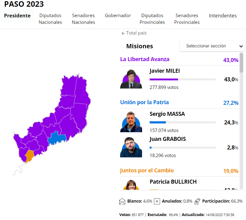 Milei se impuso con el 43% de los votos en Misiones en categoría presidente