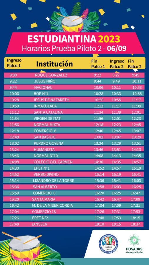 Conocé los horarios de las escuelas para la segunda prueba piloto de la Estudiantina 2023 5 10 - Horarios segunda prueba piloto estudiantina 5 - 9