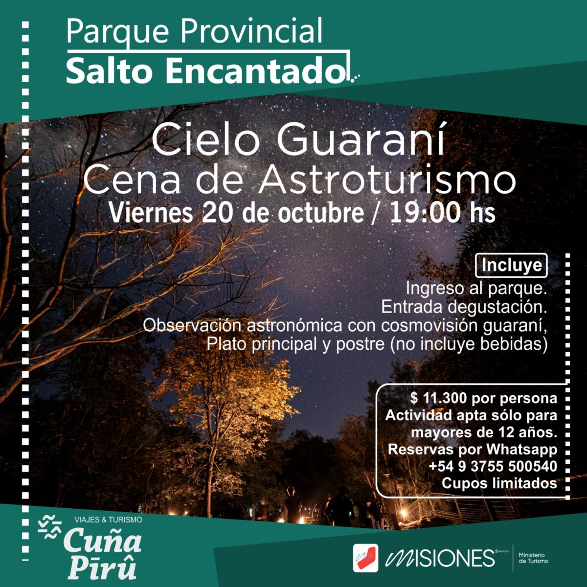Este viernes, “Cielo Guaraní - Cena de Astroturismo” en el Parque Salto Encantado