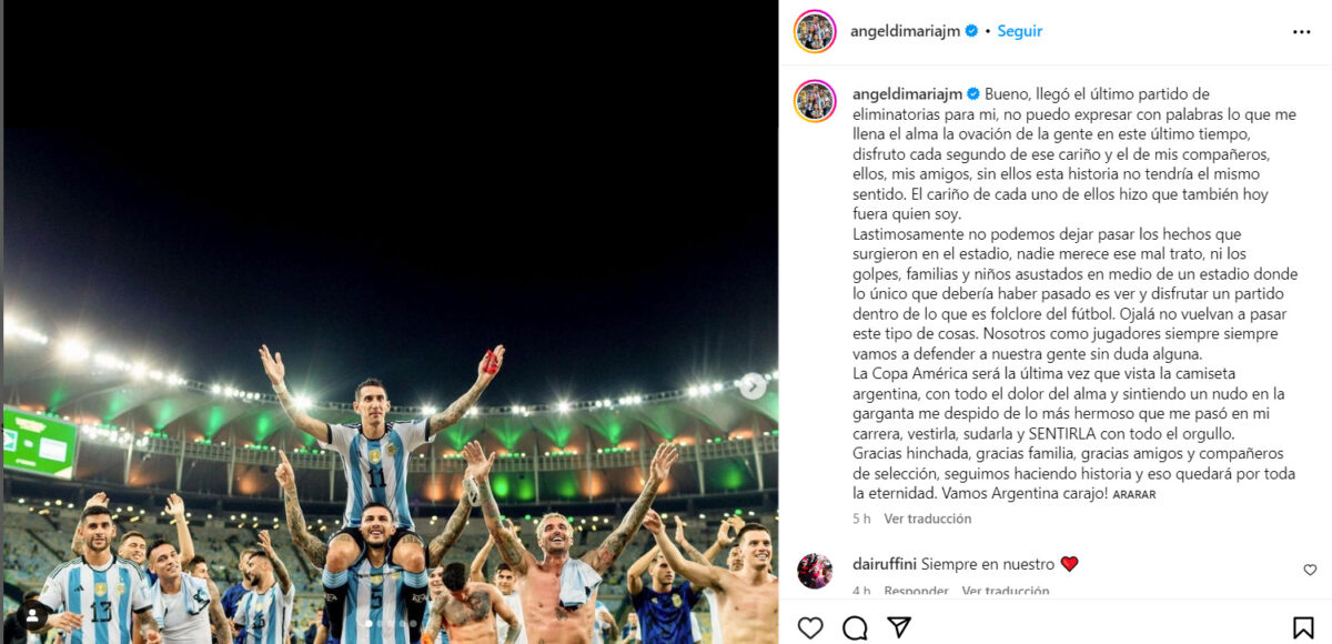 Ángel Di María confirmó que la Copa América será su última participación con la Selección Argentina