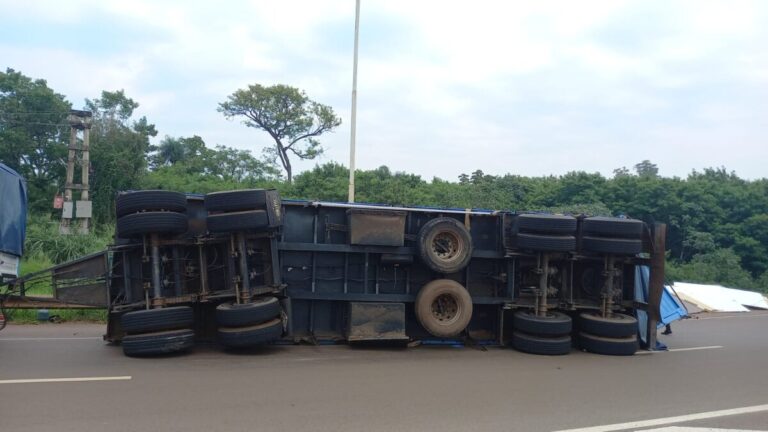 Volcó un camión que transportaba placas de madera en la rotonda de Santa Elena