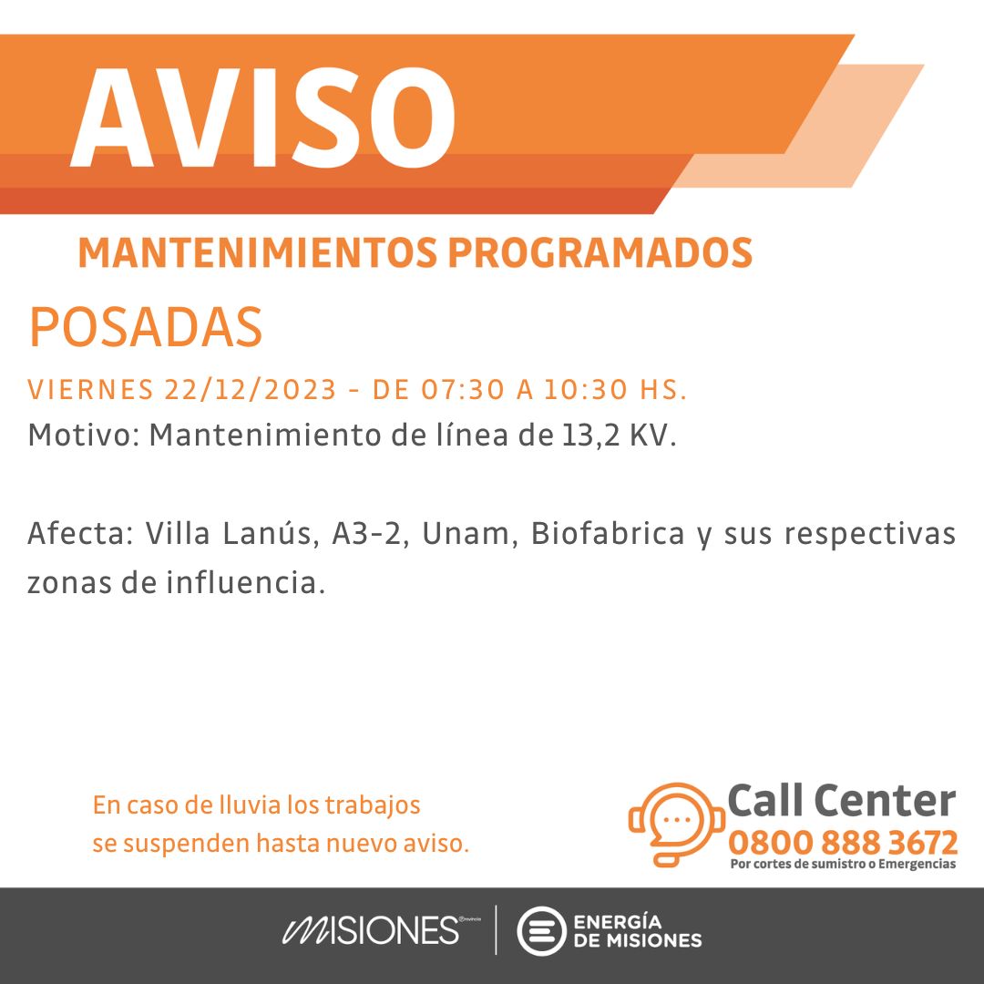 Energía de Misiones anunció cortes por mantenimiento para este viernes en Posadas