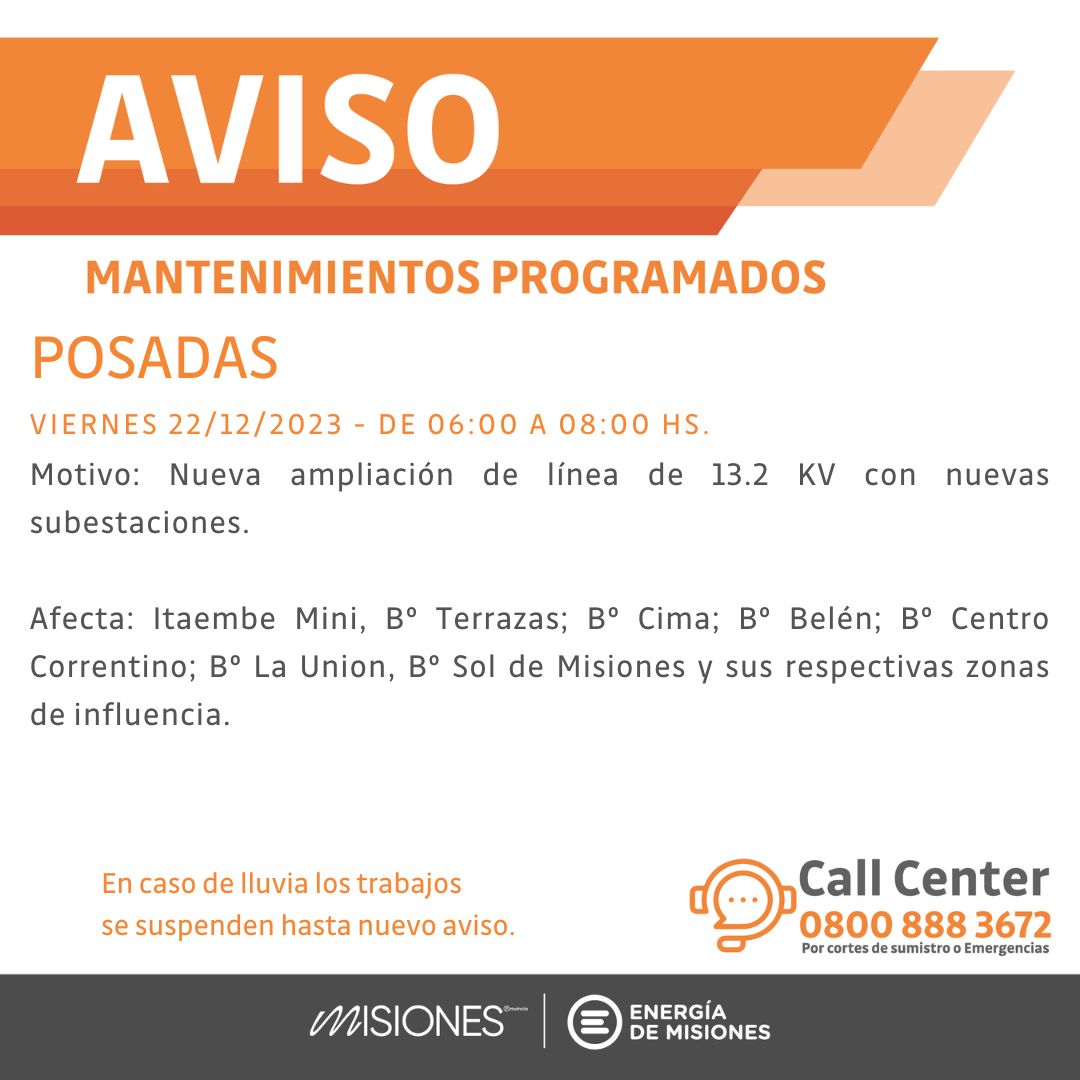 Energía de Misiones anunció cortes por mantenimiento para este viernes en Posadas