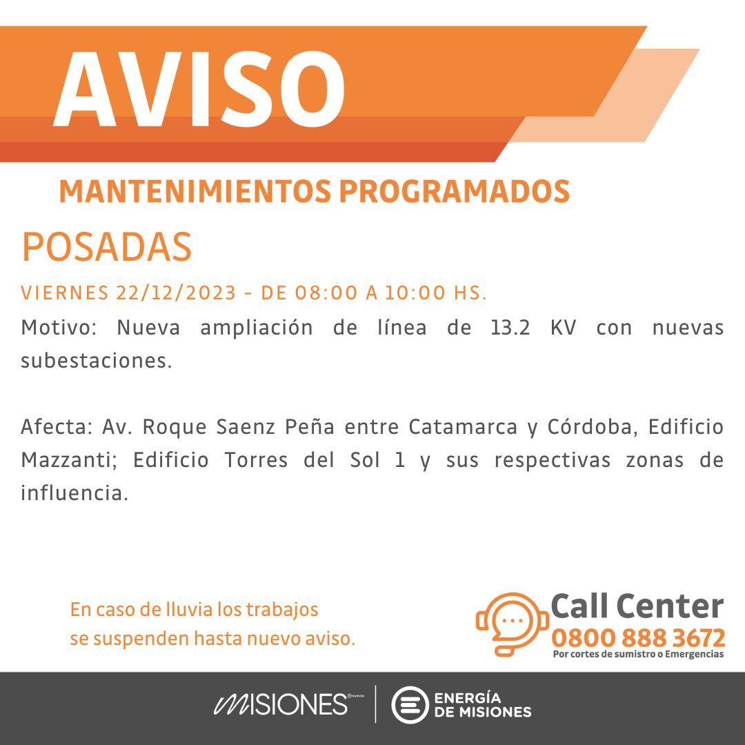 Energía de Misiones anunció cortes por mantenimiento para este viernes en Posadas