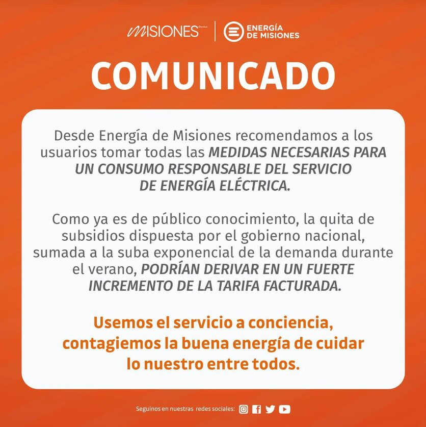 Energía de Misiones recomendó a la población el uso consciente y responsable del servicio tras la quita de subsidios de Nación