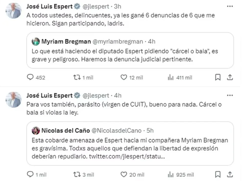 Espert fue denunciado por Myriam Bregman y Del Caño tras las amenazas en redes sociales