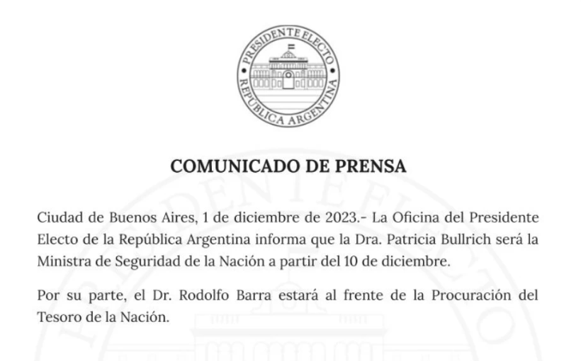 La Libertad Avanza confirmó a Patricia Bullrich como ministra de Seguridad de Javier Milei