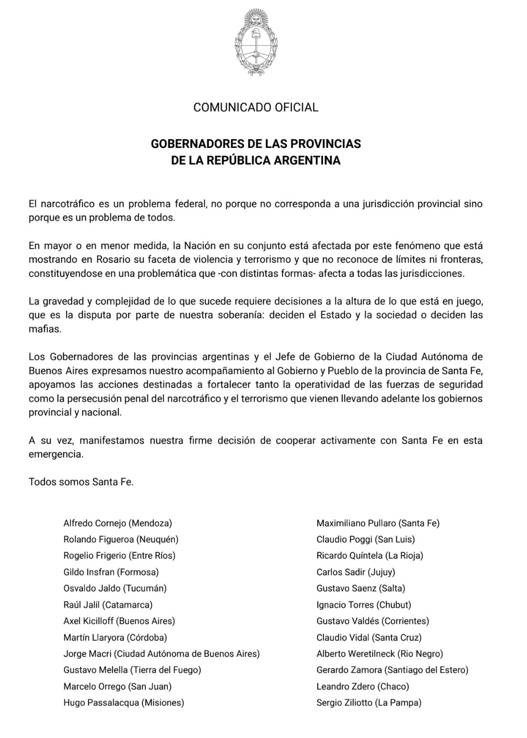 Passalacqua y otros gobernadores se solidarizaron con Santa Fe: "Los argentinos merecemos vivir en paz"