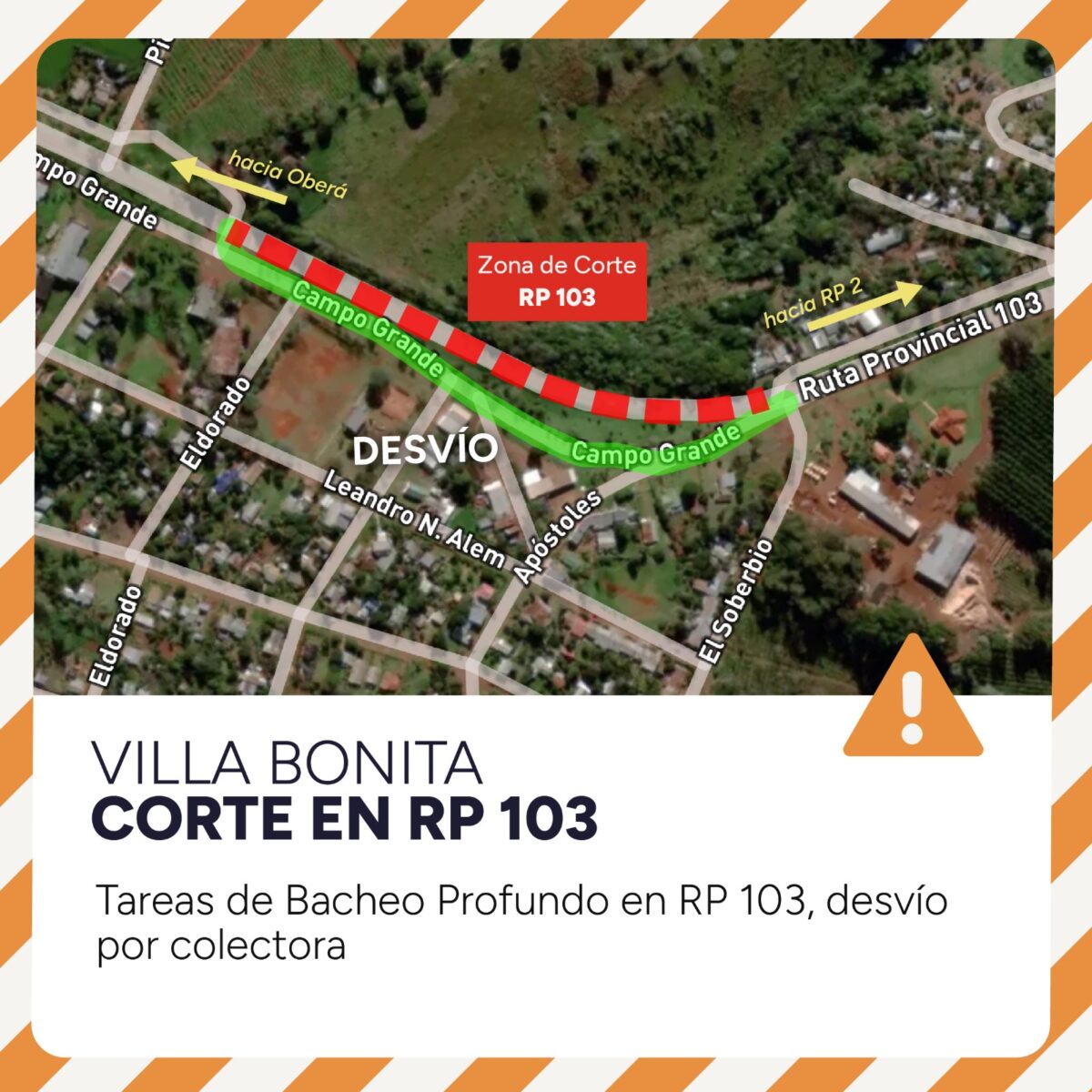 Hay desvío por trabajos en calzada en la ruta provincial 103 en Villa Bonita