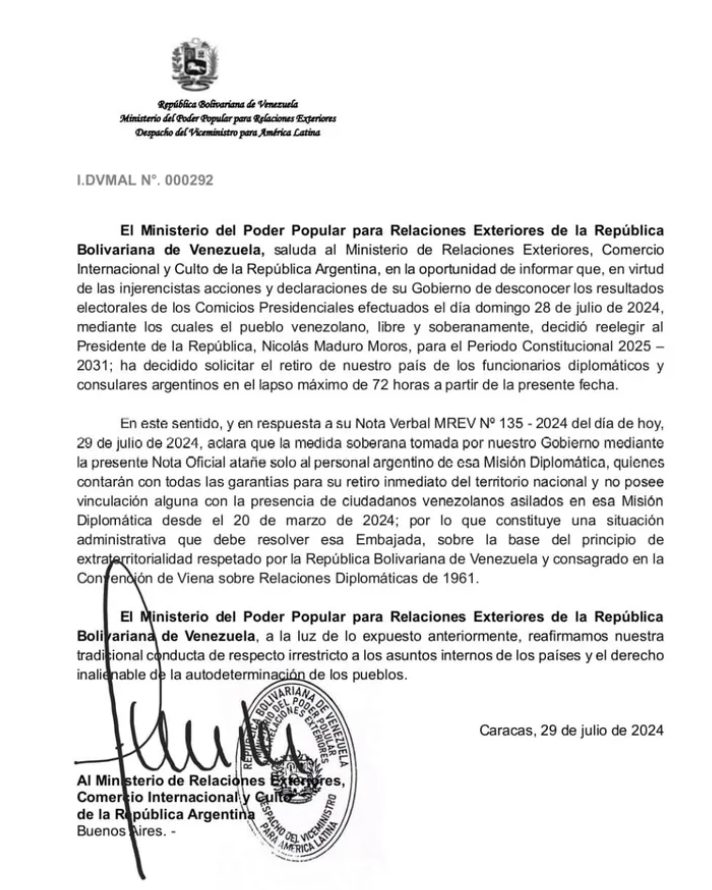 Venezuela dio ultimátum a diplomáticos argentinos para que abandonen el país en 72 horas