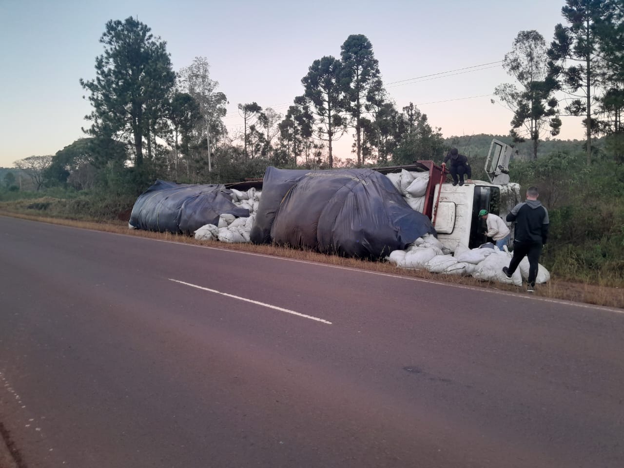 Camión que llevaba carga de yerba mate despistó y volcó en Montecarlo