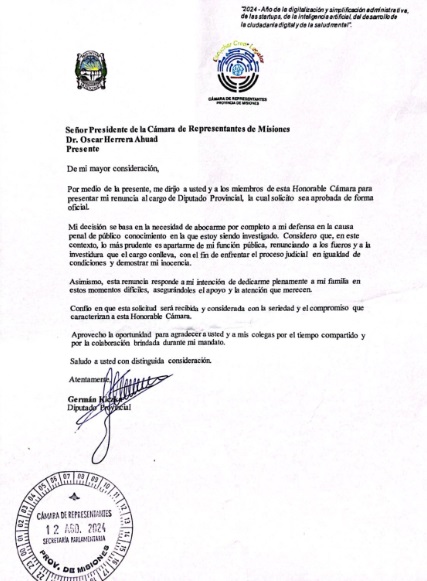 La renuncia de Kiczka a su banca ingresó a la Cámara de Representantes