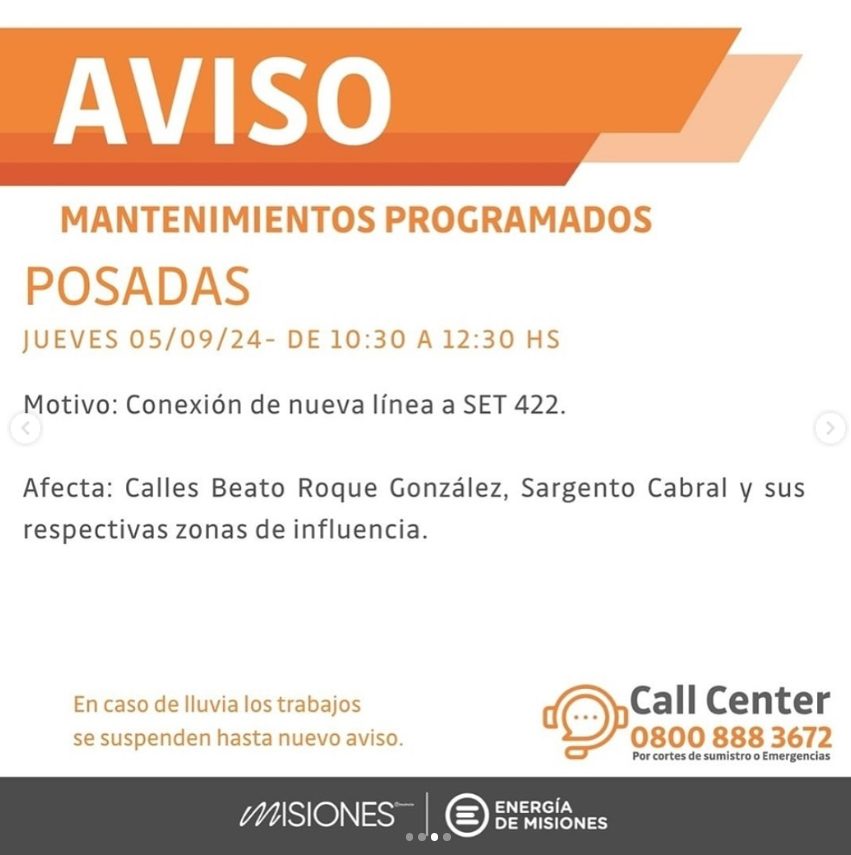 Energía de Misiones anunció cortes de luz programados este jueves en Posadas