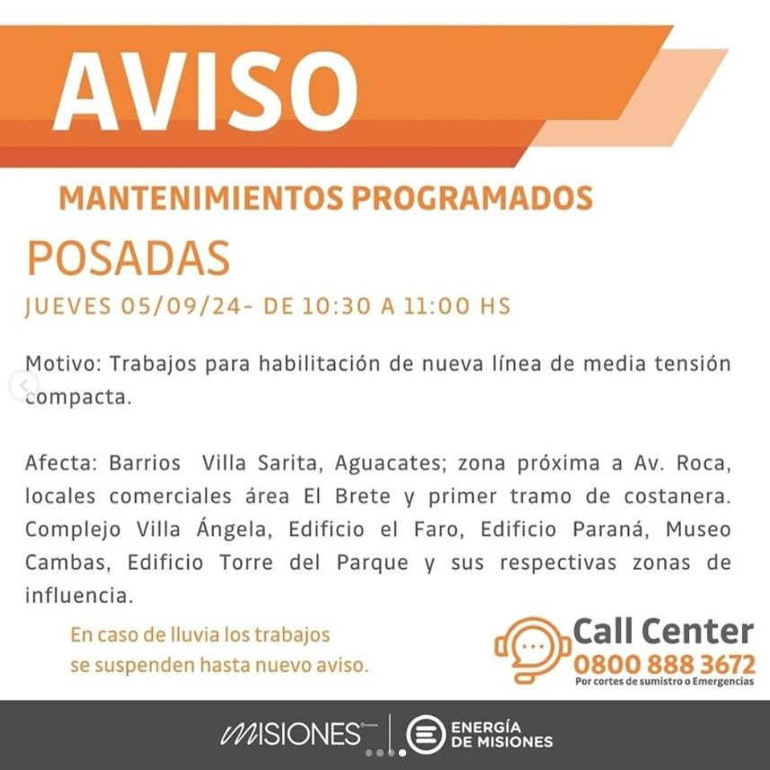 Energía de Misiones anunció cortes de luz programados este jueves en Posadas