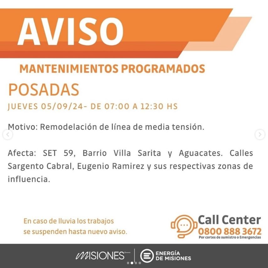 Energía de Misiones anunció cortes de luz programados este jueves en Posadas