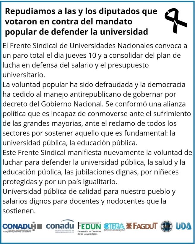 Tras el veto de Milei, gremios docentes convocaron a un paro para este jueves